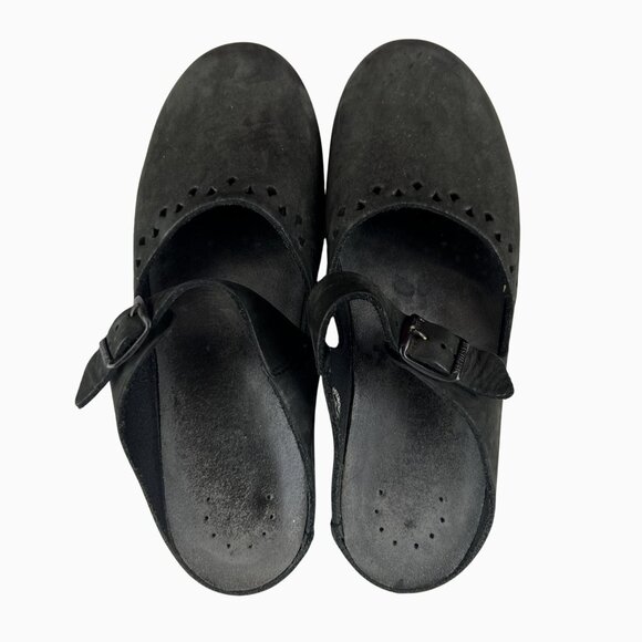 Mephisto Womens 40  Black Suede Mary Jane Clogs Adjust Strap Perforated Pattern - Picture 5 of 12